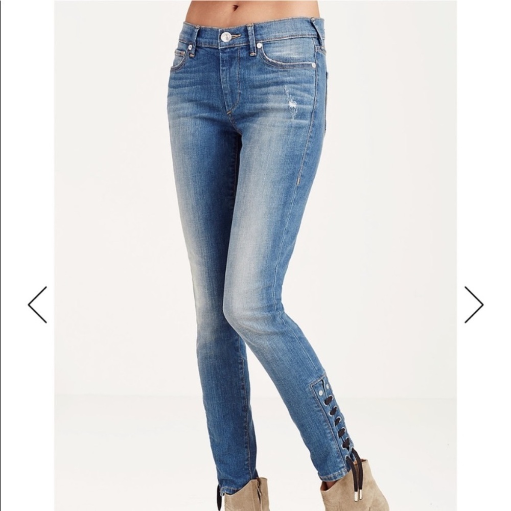 NWT True Religion HALLE SUPER SKINNY CROPPED ANKLE LACE UP JEAN Sz 32